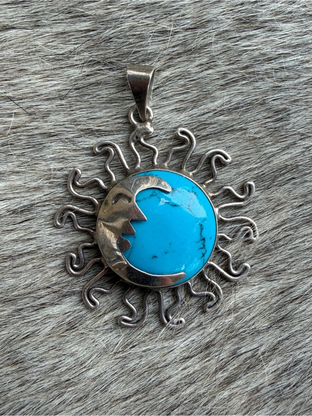 Vintage Sterling Silver Mexican Sun & Moon Turquoise Pendant